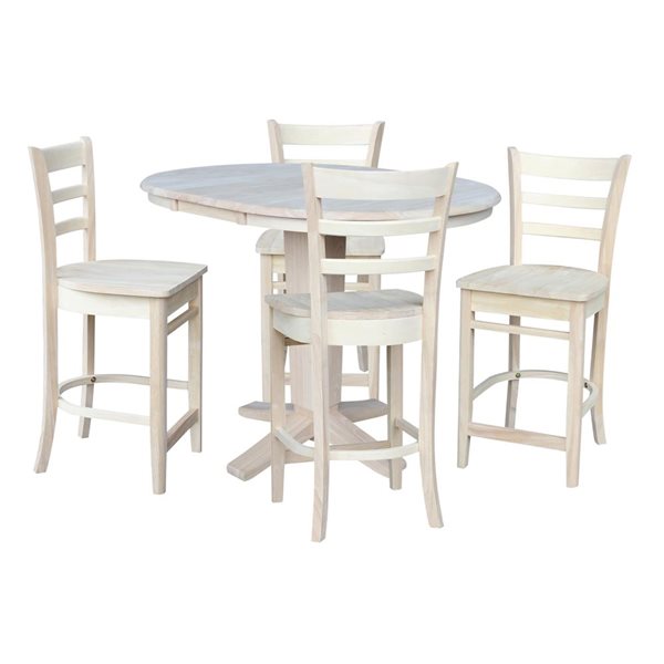 International Concepts 36-in Solid Wood Round Extension Dining Table w/ 4 Counter Height Stools - Unfinished