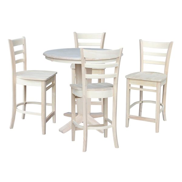 International Concepts 36-in Solid Wood Round Extension Dining Table w/ 4 Counter Height Stools - Unfinished