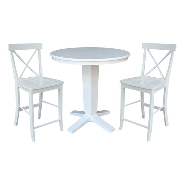 International Concepts 36-in Solid Wood Round Ext Dining Table w/ 2 Counter Height Stools - White