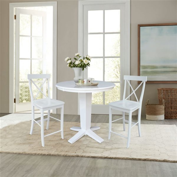 International Concepts 36-in Solid Wood Round Ext Dining Table w/ 2 Counter Height Stools - White