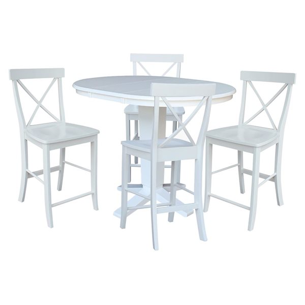 International Concepts 36-in Solid Wood Round Ext Dining Table w/ 4 Counter Height Stools - White