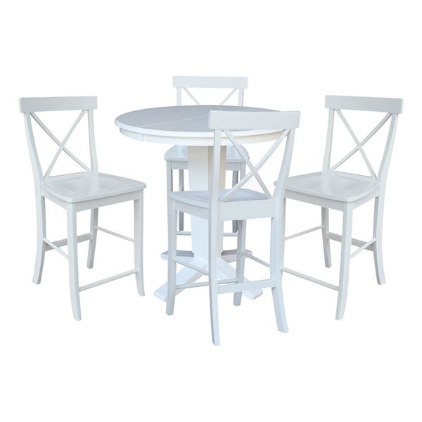 International Concepts 36-in Solid Wood Round Ext Dining Table w/ 4 Counter Height Stools - White