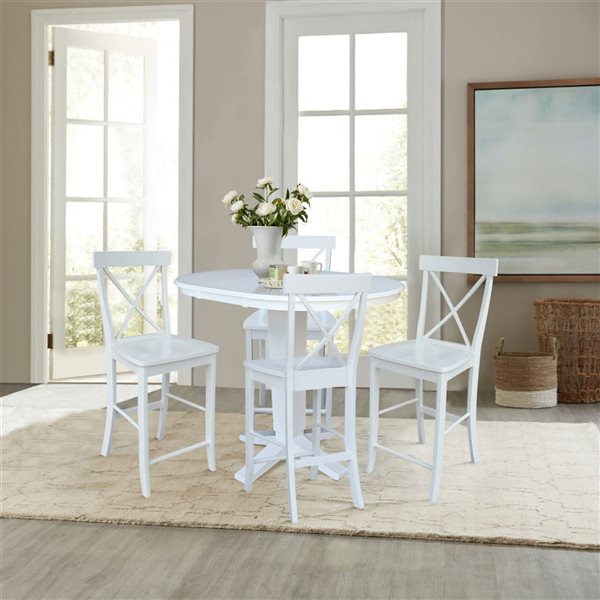 International Concepts 36-in Solid Wood Round Ext Dining Table w/ 4 Counter Height Stools - White