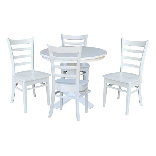 International Concepts 36-in Solid Wood Round Extension Dining Table w/ 4 Dining Chairs - White