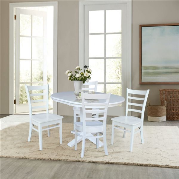 International Concepts 36-in Solid Wood Round Extension Dining Table w/ 4 Dining Chairs - White