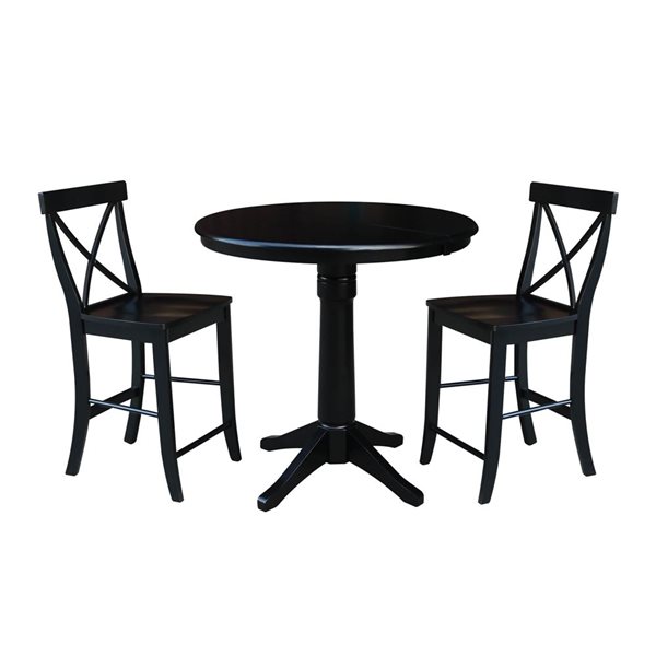 International Concepts 36-in Round Extension Dining Table w/ 2 X-Back Counter Height Stools - Black