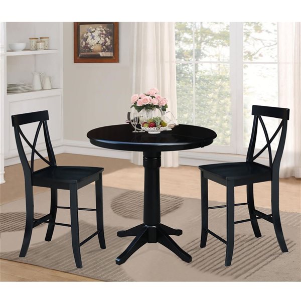 International Concepts 36-in Round Extension Dining Table w/ 2 X-Back Counter Height Stools - Black