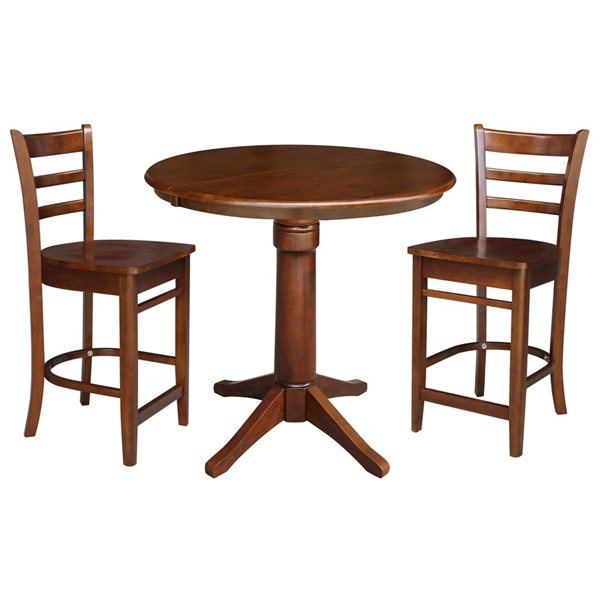 International Concepts 36-in Round Extension Dining Table w/ 2 Emily Counter Height Stools - Espresso