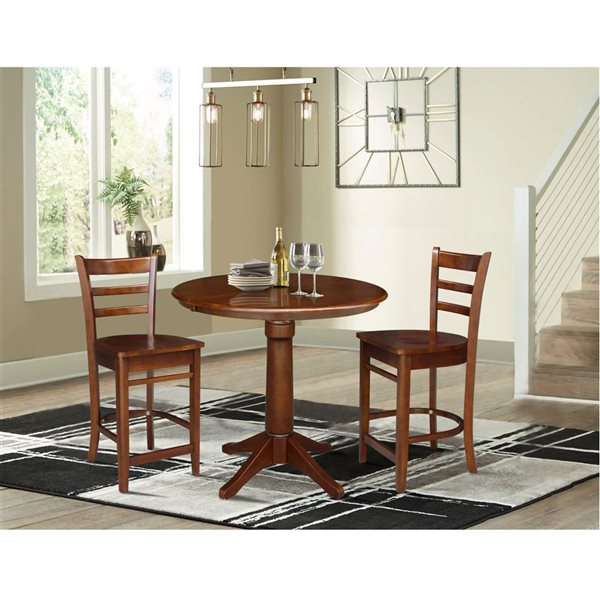 International Concepts 36-in Round Extension Dining Table w/ 2 Emily Counter Height Stools - Espresso