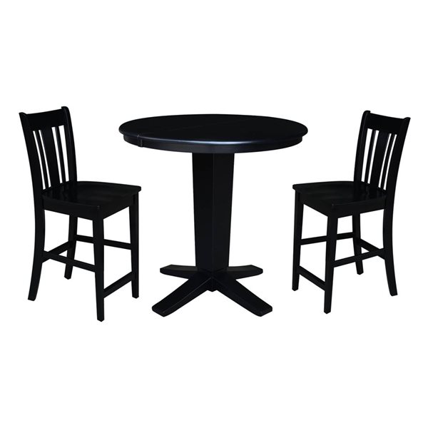 International Concepts 36-in Solid Wood Round Extension Dining Table w/ 2 Counter Height Stools - Black