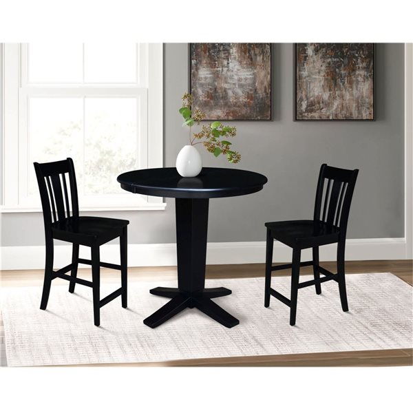 International Concepts 36-in Solid Wood Round Extension Dining Table w/ 2 Counter Height Stools - Black