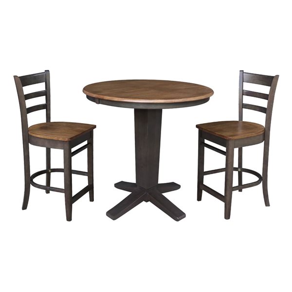 International Concepts 36-in Solid Wood Round Extension Dining Table w/ 2 Counter Height Stools - Hickory/Washed Coal