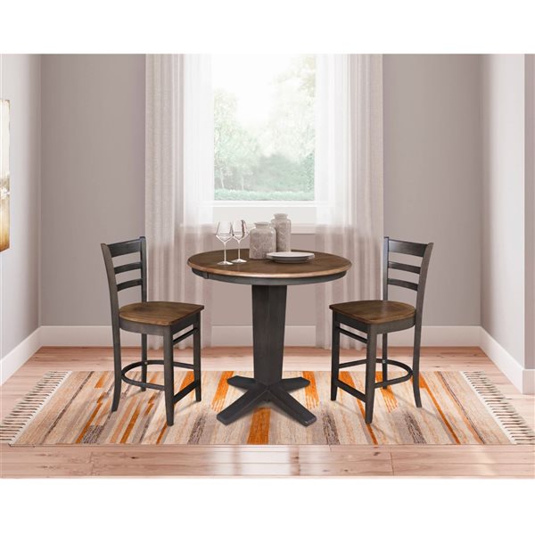 International Concepts 36-in Solid Wood Round Extension Dining Table w/ 2 Counter Height Stools - Hickory/Washed Coal