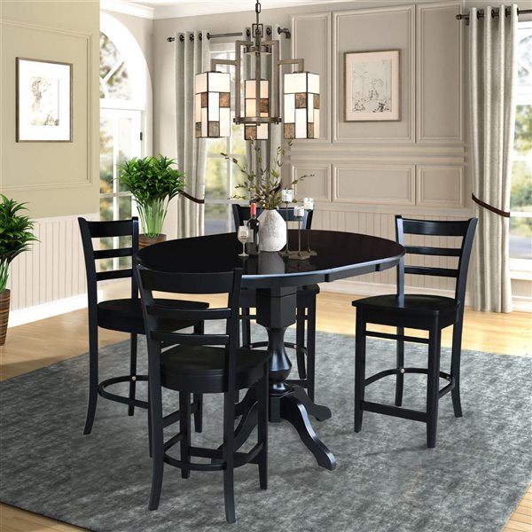 International Concepts 36-in Round Counter Height Extension Dining Table w/ Leaf and 4 Emily Stools - Black