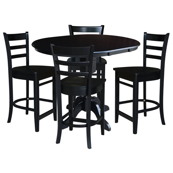 International Concepts 36-in Round Counter Height Extension Dining Table w/ Leaf and 4 Emily Stools - Black