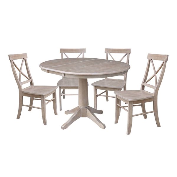 International Concepts 36-in Round Extension Wood Dining Table w/ 4 Chairs - Washed Grey Taupe