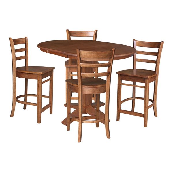 International Concepts 36-in Solid Wood Round Extension Dining Table w/ 4 Counter Height Stools - Distressed Oak