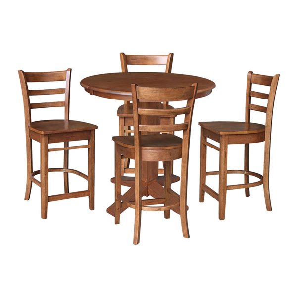 International Concepts 36-in Solid Wood Round Extension Dining Table w/ 4 Counter Height Stools - Distressed Oak
