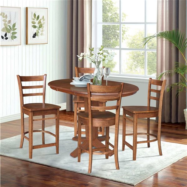 International Concepts 36-in Solid Wood Round Extension Dining Table w/ 4 Counter Height Stools - Distressed Oak