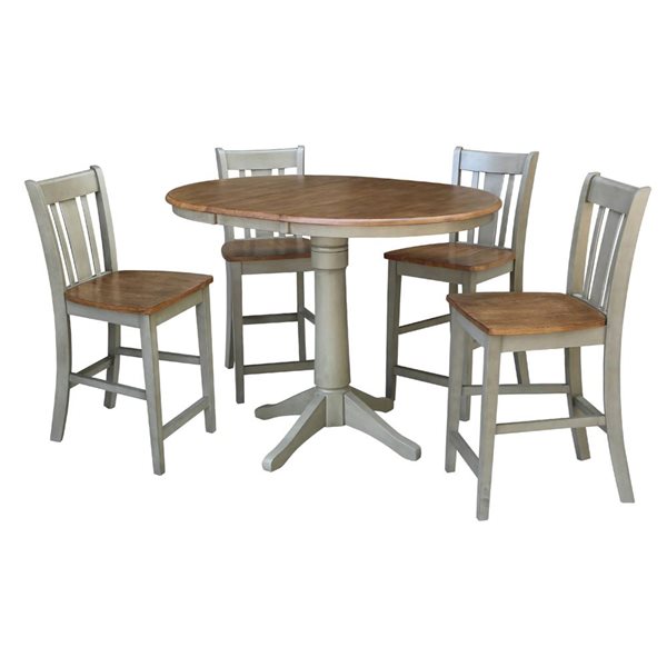 International Concepts 36-in Round Extension Dining Table w/ 4 San Remo Counter Height Stools - Distressed Hickory/Stone