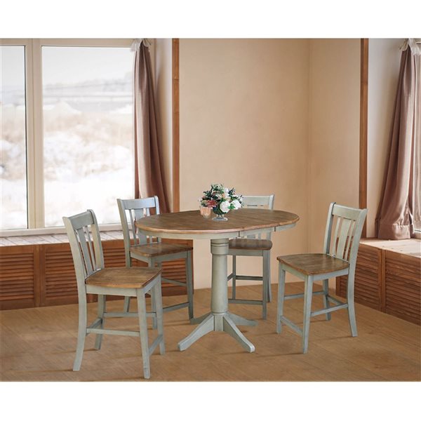 International Concepts 36-in Round Extension Dining Table w/ 4 San Remo Counter Height Stools - Distressed Hickory/Stone