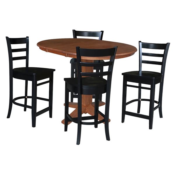 International Concepts 36-in Solid Wood Round Extension Dining Table w/ 4 Counter Height Stools - Distressed Oak/Black