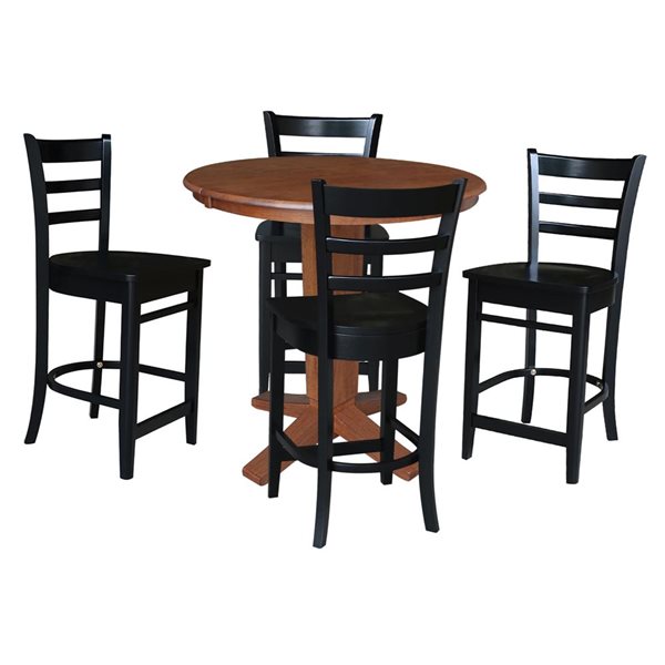 International Concepts 36-in Solid Wood Round Extension Dining Table w/ 4 Counter Height Stools - Distressed Oak/Black