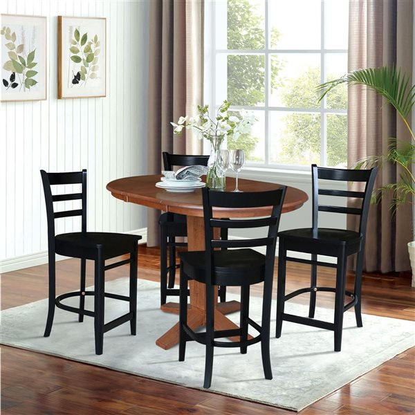 International Concepts 36-in Solid Wood Round Extension Dining Table w/ 4 Counter Height Stools - Distressed Oak/Black