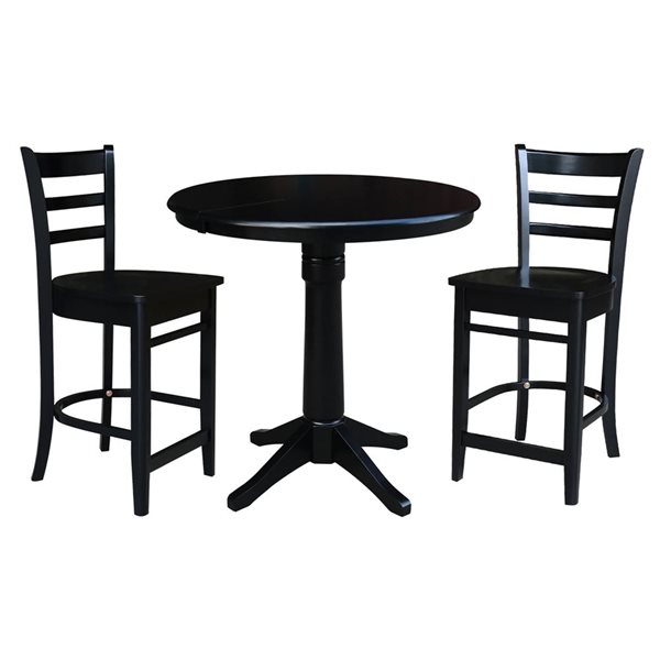 International Concepts 36-in Round Extension Dining Table w/ 2 Emily Counter Height Stools - Black