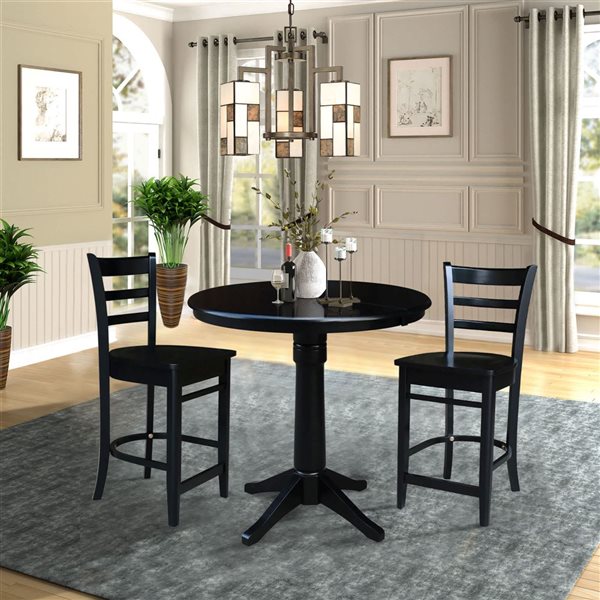 International Concepts 36-in Round Extension Dining Table w/ 2 Emily Counter Height Stools - Black