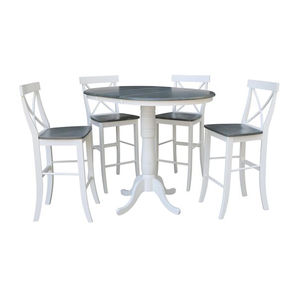 International Concepts 36-in Round Extension Wood Dining Table w/ 4 X-Back Bar Height Stools - White/Heather Grey