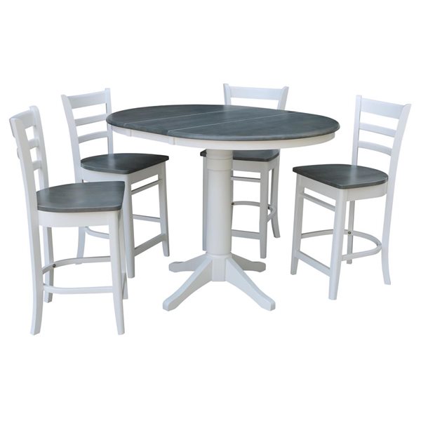 International Concepts 36-in Round Extension Dining Table w/ 4 Emily Counter Height Stools - White/Heather Grey