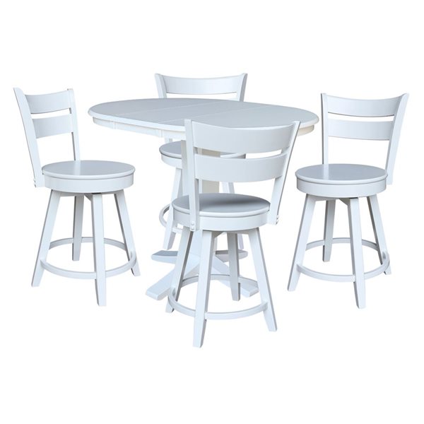 International Concepts 36-in Solid Wood Round Extension Dining Table w/ 4 Counter Height Stools - White
