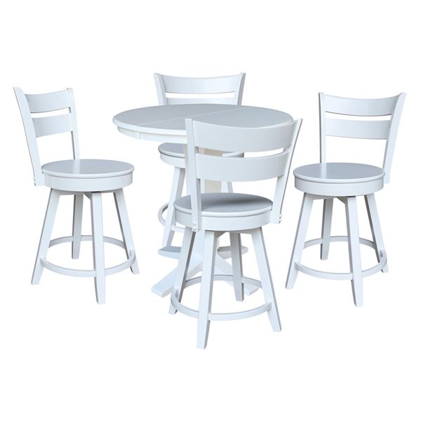 International Concepts 36-in Solid Wood Round Extension Dining Table w/ 4 Counter Height Stools - White