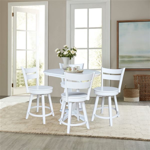 International Concepts 36-in Solid Wood Round Extension Dining Table w/ 4 Counter Height Stools - White