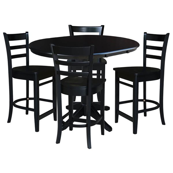 International Concepts 36-in Round Extension Dining Table w/ 4 Emily Counter Height Stools - Black