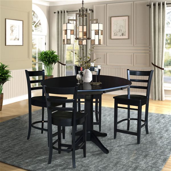 International Concepts 36-in Round Extension Dining Table w/ 4 Emily Counter Height Stools - Black