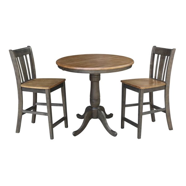 International Concepts 36-in Round Extension Dining Table w/ 2 San Remo Counter Height Stools - Hickory/Washed Coal