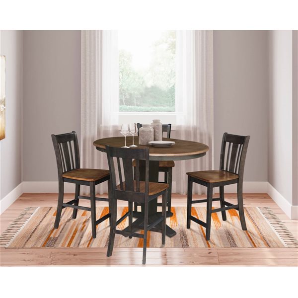 International Concepts 36-in Solid Wood Round Ext Dining Table w/ 4 Counter Height Stools - Hickory/Washed Coal
