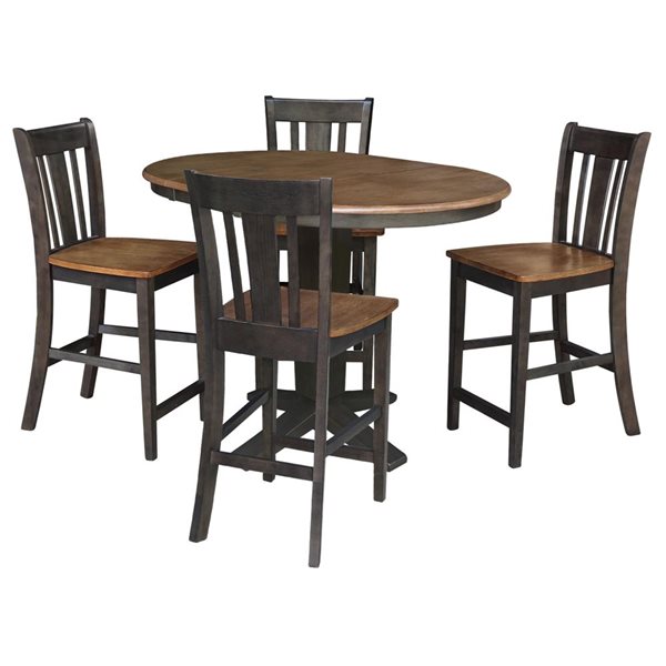 International Concepts 36-in Solid Wood Round Ext Dining Table w/ 4 Counter Height Stools - Hickory/Washed Coal