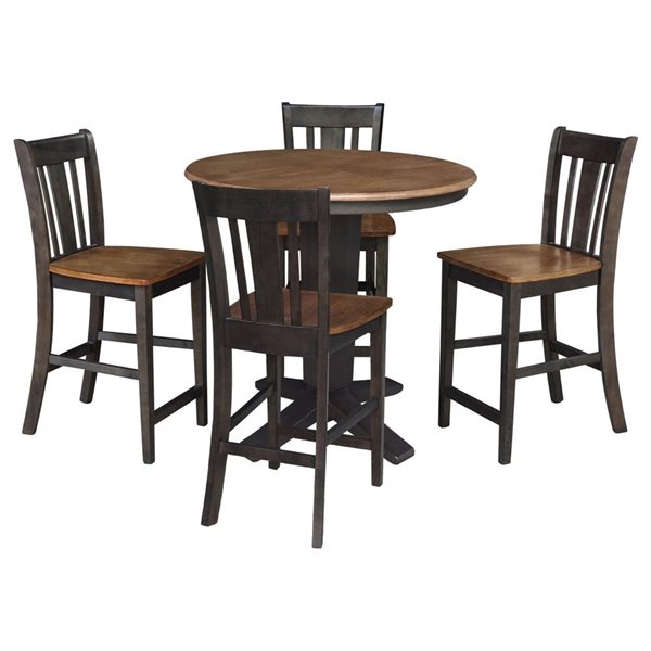 International Concepts 36-in Solid Wood Round Ext Dining Table w/ 4 Counter Height Stools - Hickory/Washed Coal