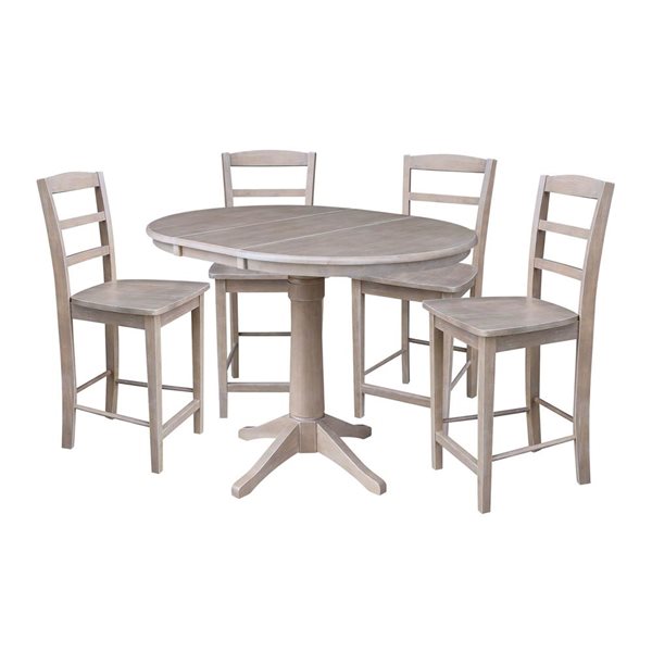 International Concepts 36-in Round Extension Dining Table w/ 4 Counter Height Stools - Washed Grey Taupe