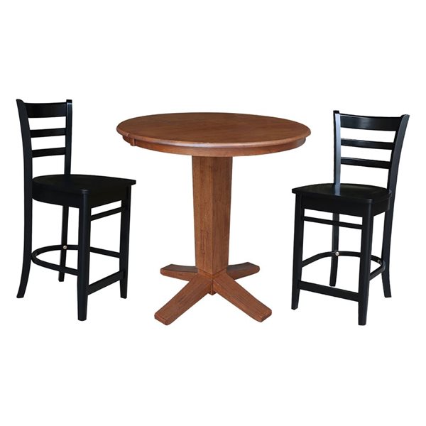 International Concepts 36-in Solid Wood Round Extension Dining Table w/ 2 Counter Height Stools - Distressed Oak/Black
