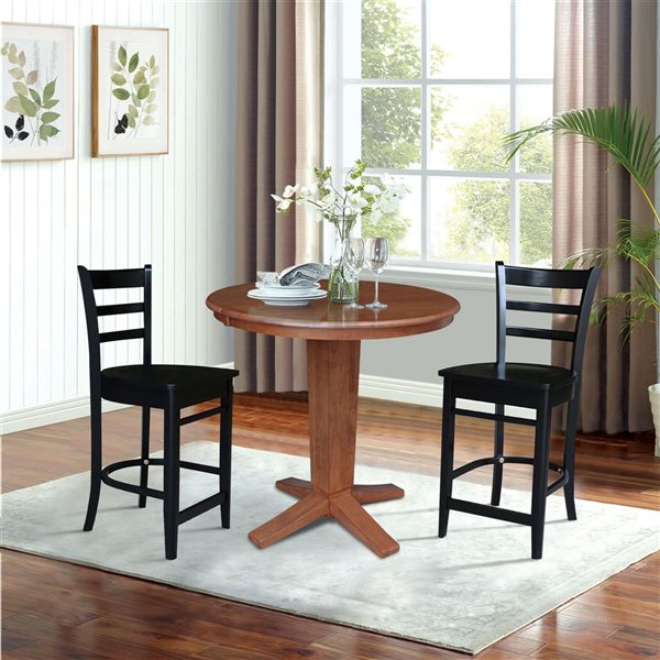 International Concepts 36-in Solid Wood Round Extension Dining Table w/ 2 Counter Height Stools - Distressed Oak/Black