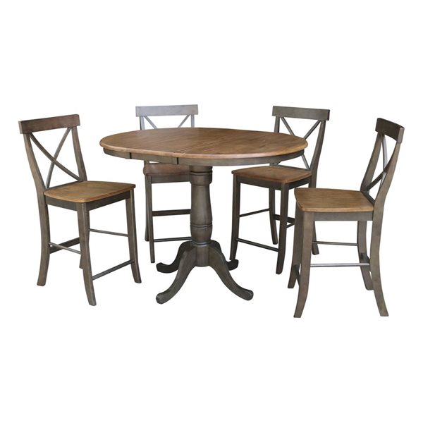 International Concepts 36-in Round Extension Dining Table w/ 4 Counter Height Stools - Hickory/Washed Coal