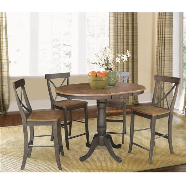 International Concepts 36-in Round Extension Dining Table w/ 4 Counter Height Stools - Hickory/Washed Coal