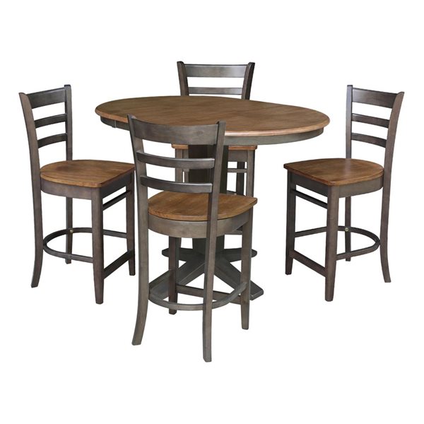 International Concepts 36-in Solid Wood Round Extension Dining Table w/ 4 Counter Height Stools - Hickory/Washed Coal