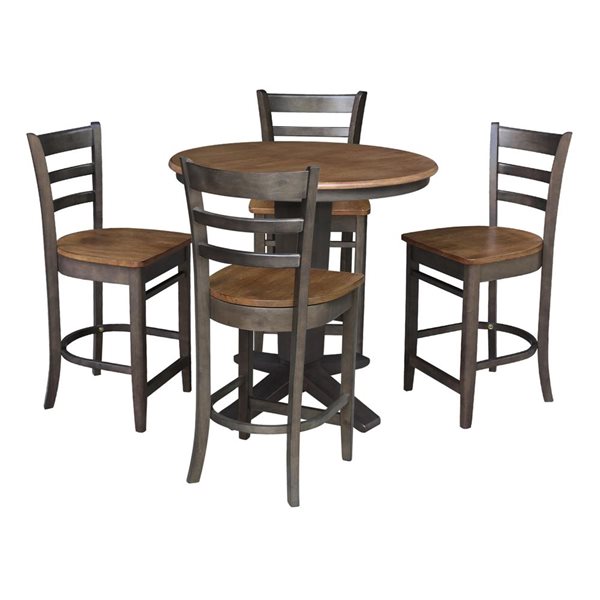 International Concepts 36-in Solid Wood Round Extension Dining Table w/ 4 Counter Height Stools - Hickory/Washed Coal