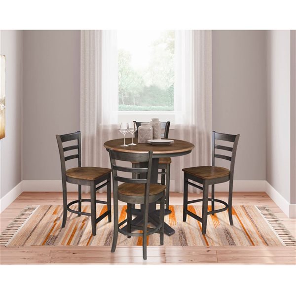 International Concepts 36-in Solid Wood Round Extension Dining Table w/ 4 Counter Height Stools - Hickory/Washed Coal