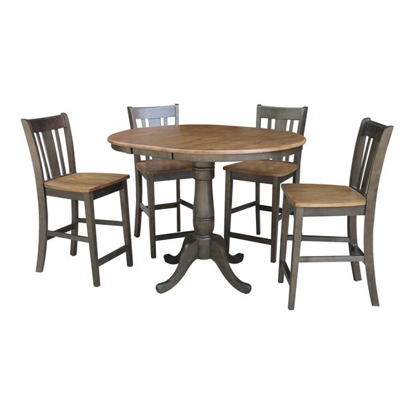 International Concepts 36-in Round Extension Dining Table w/ 4 San Remo Counter Height Stools - Hickory/Washed Coal